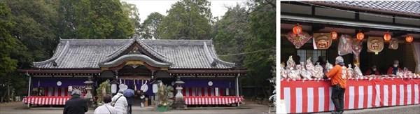 (左) 日根神社の社殿 (右) 神社前の十日戎