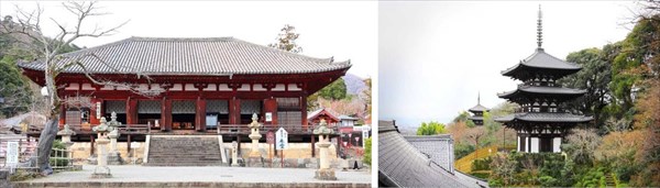 (左) 當麻持 金堂(国宝) (右) 東塔と手前の西塔(いずれも国宝)