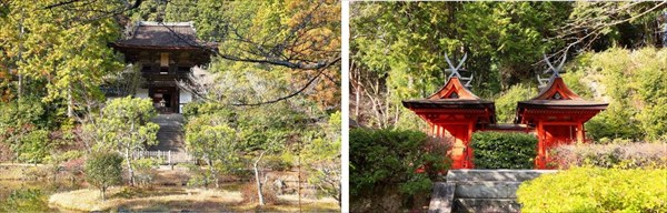 (左) 円成寺の楼門(重文) (右) 春日堂(左)と白山堂(いずれも国宝)