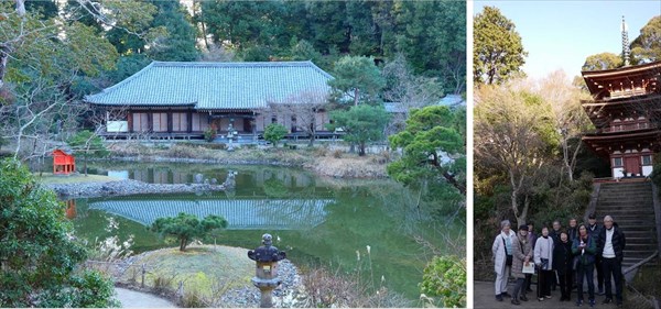 (左) 浄瑠璃寺:阿弥陀堂(国宝) (右) 三重塔(国宝)階段下にて