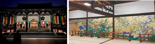 (左) 智積院の朝の勤行へ参加 (右) その後に大書院へ(長谷川等伯父子の襖絵:複製画)