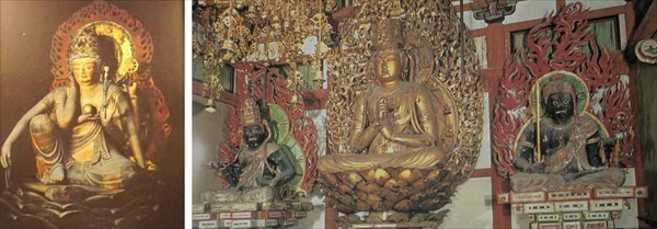 (左) 撮影禁止の仏(写真より):観心寺の秘仏如意輪観音(国宝) (右) 金剛寺の如来と明王(重文)